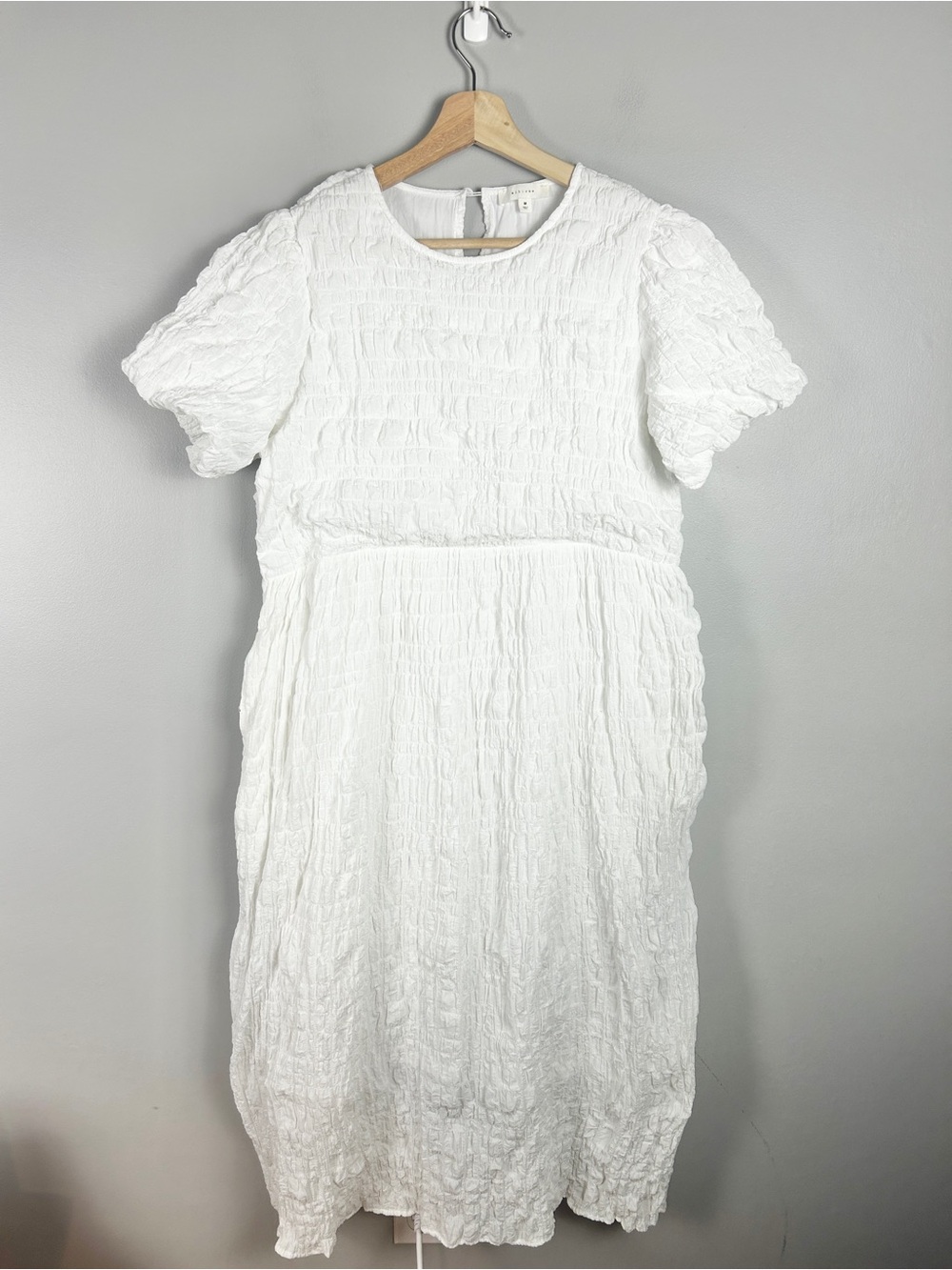 ALL ROW Textured Cotton White Midi Dress Medium Coastal Bridal CleanGirl Wrinkle